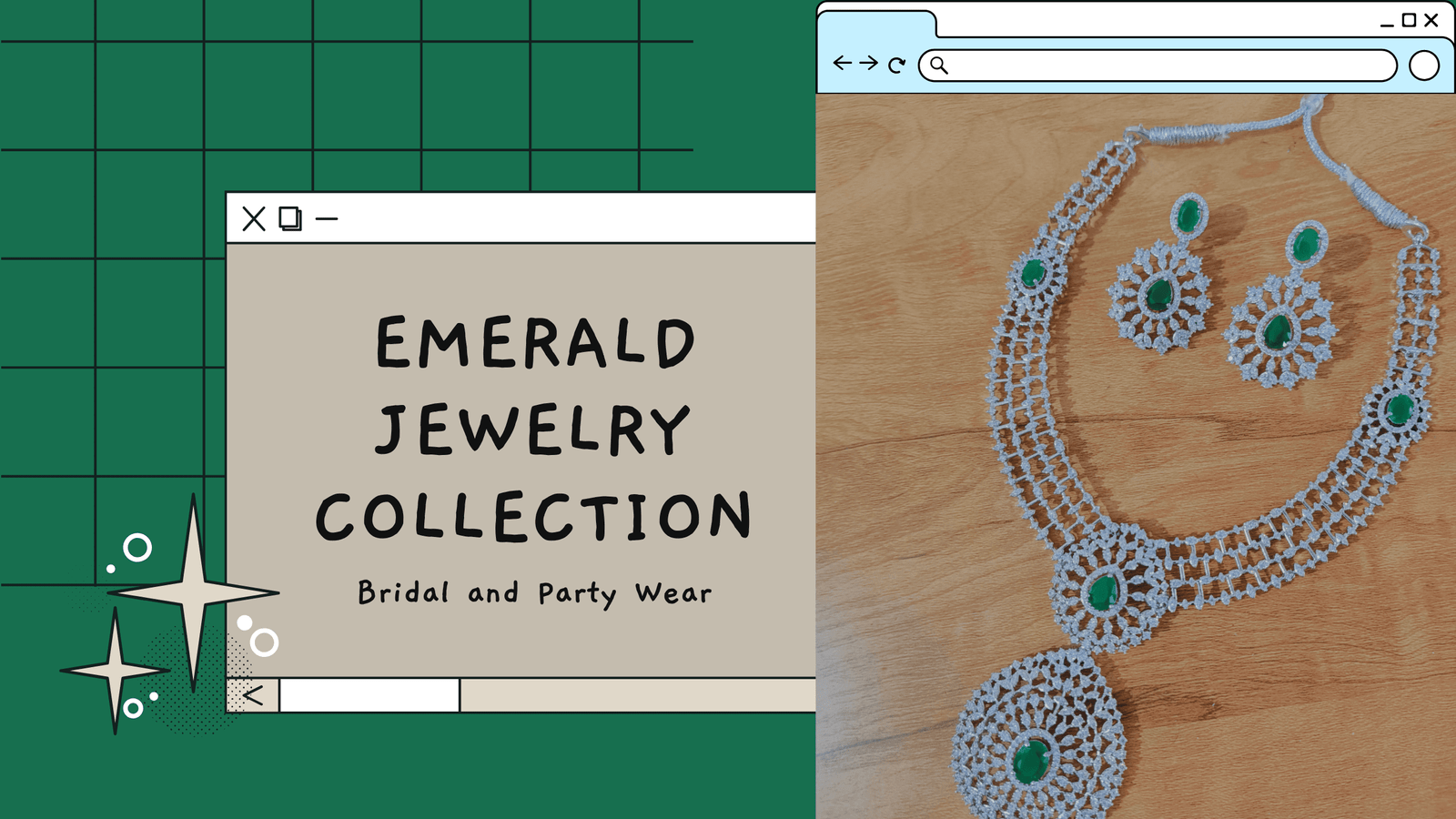 Rhodium Plated CZ Emerald Studded Diamond Necklace Set with Earrings – Bridal & Party Wear Jewelry