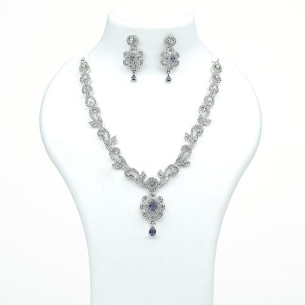 Rhodium-Plated American Diamond Necklace Set with Purple Stones Minimal