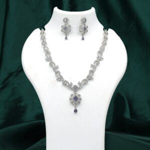 Rhodium-Plated American Diamond Necklace Set with Purple Stones Minimal
