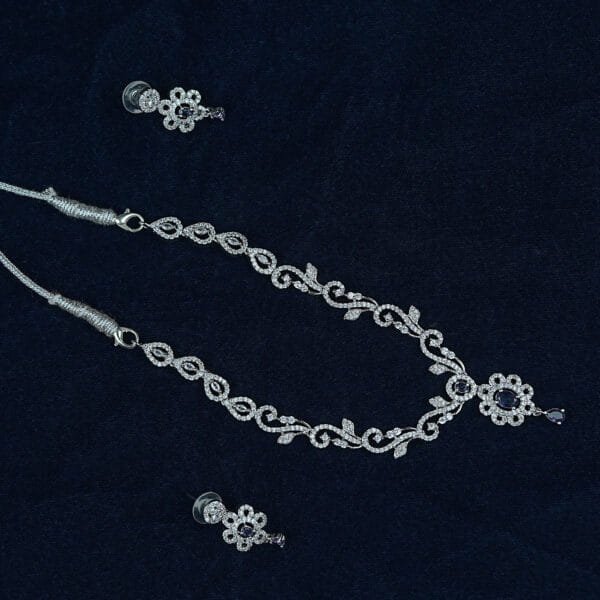 Rhodium-Plated American Diamond Necklace Set with Purple Stones Minimal