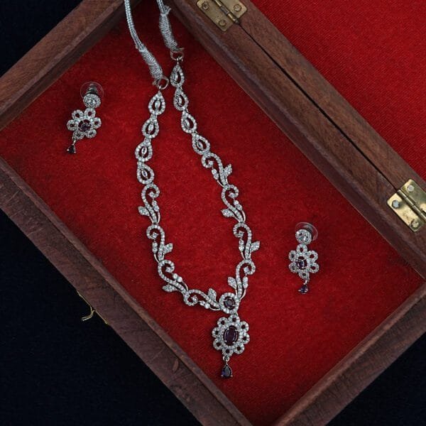 Rhodium-Plated American Diamond Necklace Set with Purple Stones Minimal