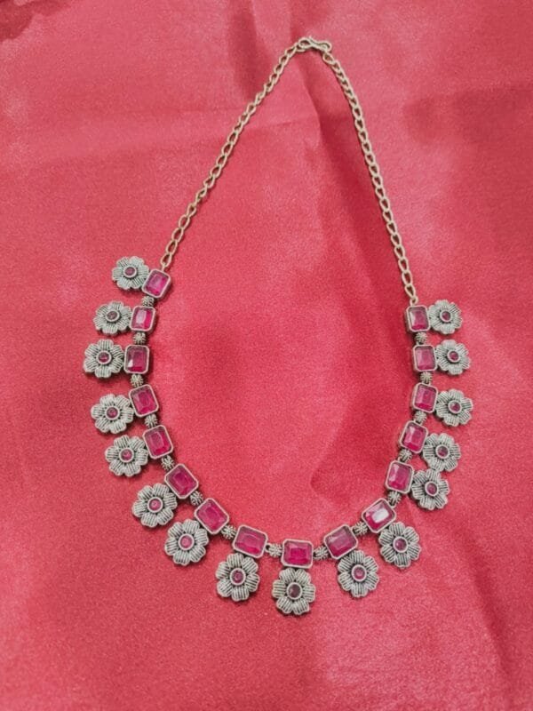Oxidized Silver Floral Necklace Set with Pink Stones and Matching Earrings | Antique Traditional Jewelry for Women