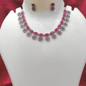 Oxidized Silver Floral Necklace Set with Pink Stones and Matching Earrings | Antique Traditional Jewelry for Women