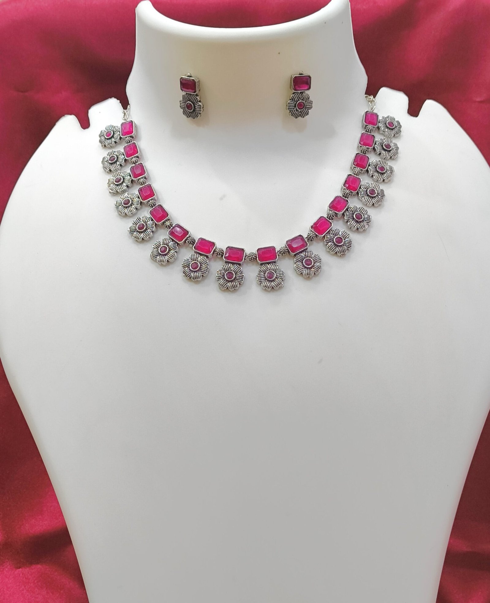 Oxidized Silver Floral Necklace Set with Pink Stones and Matching Earrings | Antique Traditional Jewelry for Women