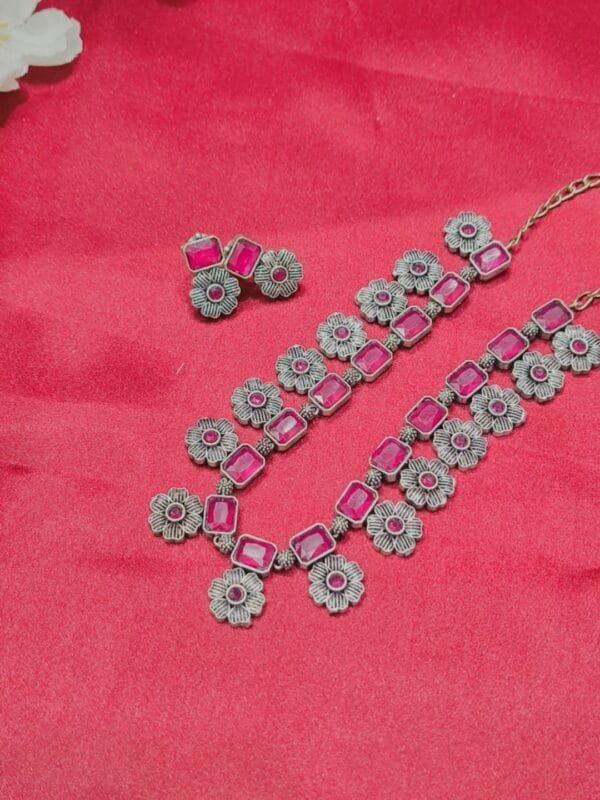 Oxidized Silver Floral Necklace Set with Pink Stones and Matching Earrings | Antique Traditional Jewelry for Women