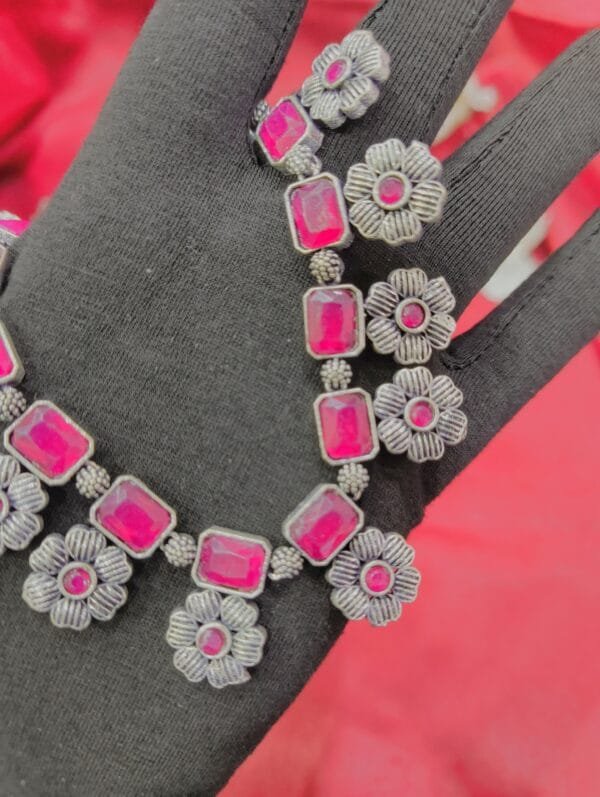 Oxidized Silver Floral Necklace Set with Pink Stones and Matching Earrings | Antique Traditional Jewelry for Women