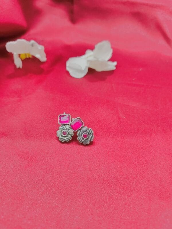 Oxidized Silver Floral Necklace Set with Pink Stones and Matching Earrings | Antique Traditional Jewelry for Women