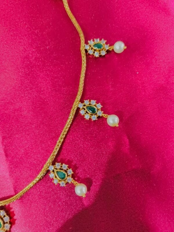 1 Gram Gold Plated CZ Emerald Studded Rope Chain Necklace Set with Earrings