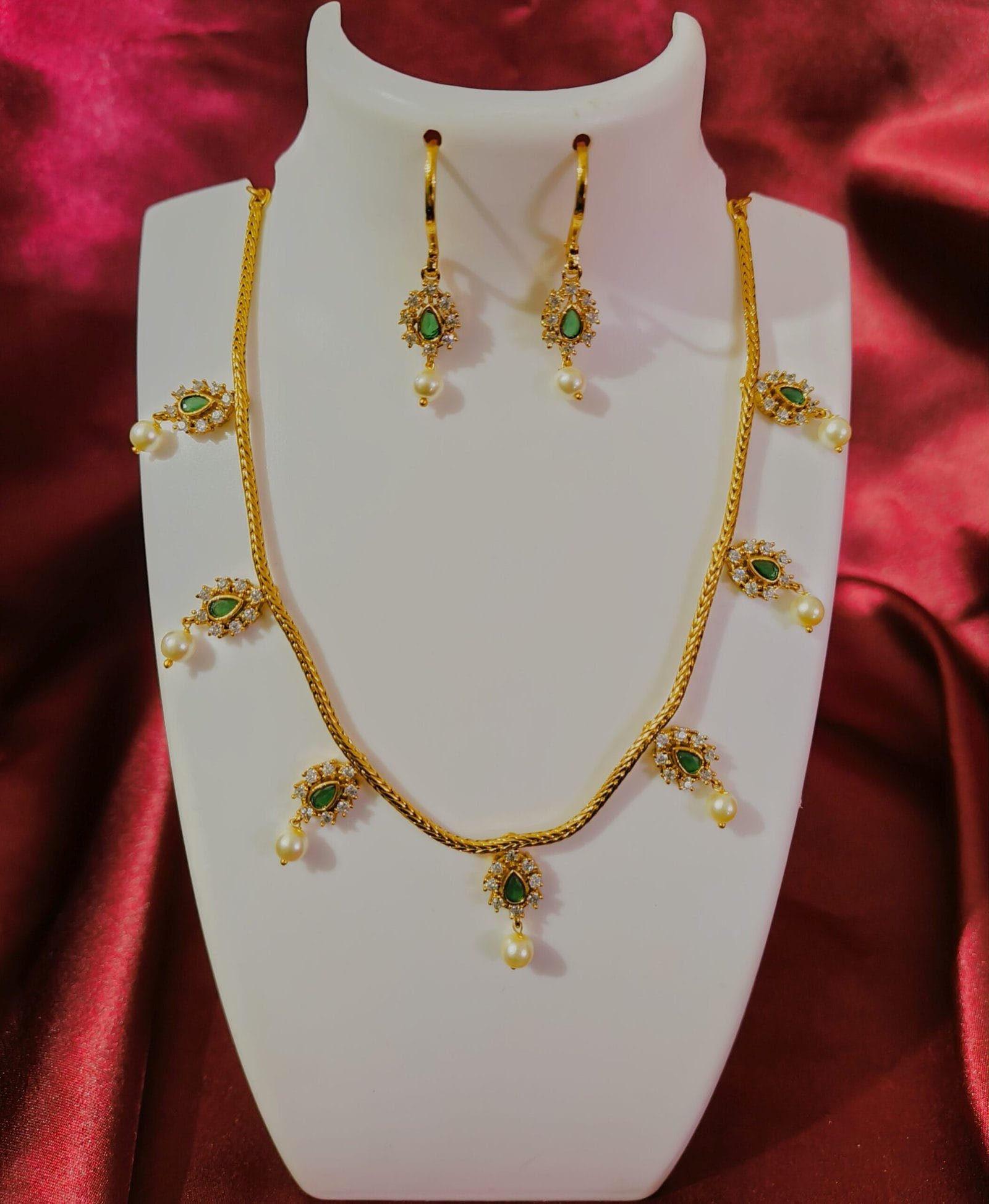 1 Gram Gold Plated CZ Emerald Studded Rope Chain Necklace Set with Earrings