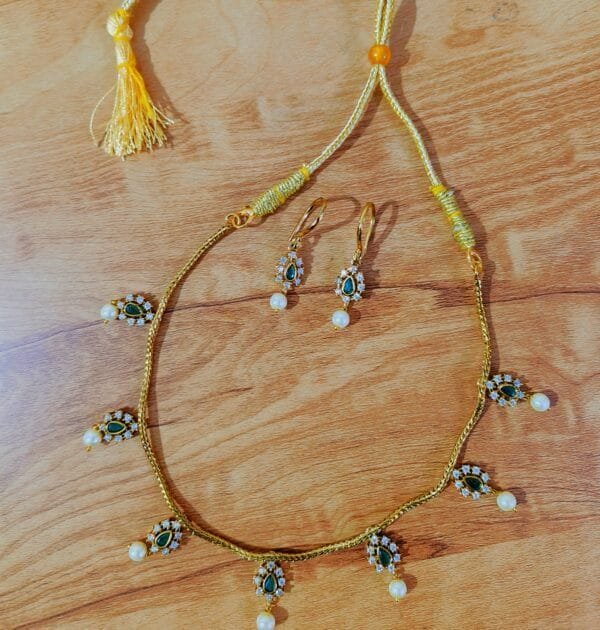 1 Gram Gold Plated CZ Emerald Studded Rope Chain Necklace Set with Earrings