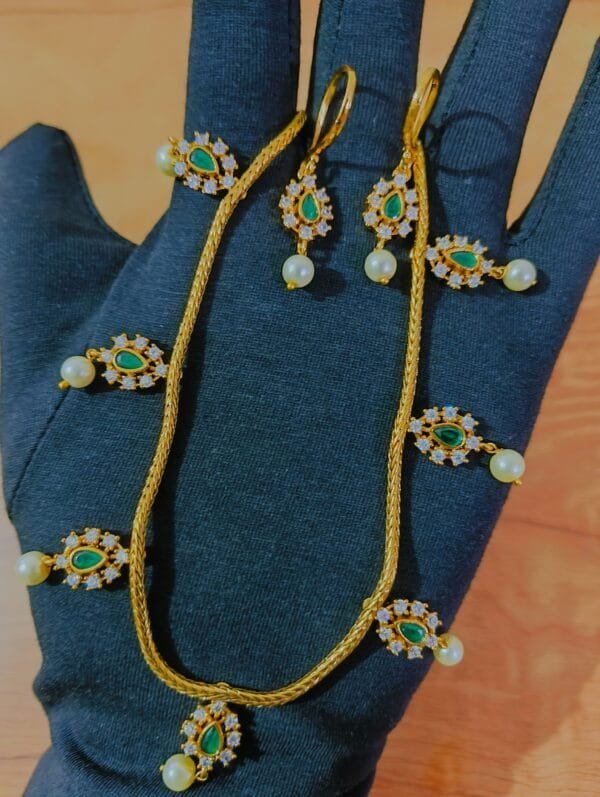 1 Gram Gold Plated CZ Emerald Studded Rope Chain Necklace Set with Earrings