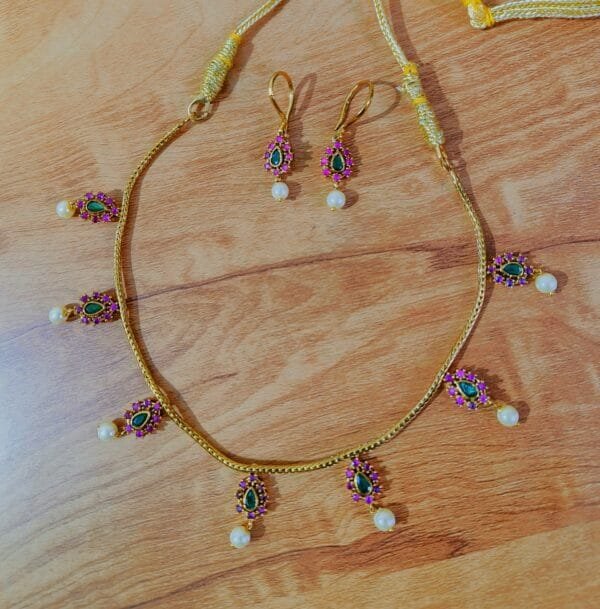 Gold Plated CZ AD Ruby Emerald Studded Rope Chain Necklace with Earrings