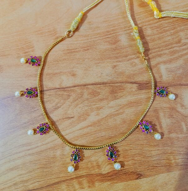 Gold Plated CZ AD Ruby Emerald Studded Rope Chain Necklace with Earrings