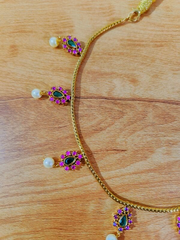 Gold Plated CZ AD Ruby Emerald Studded Rope Chain Necklace with Earrings