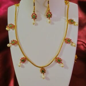 Gold Plated CZ AD Ruby Emerald Studded Rope Chain Necklace with Earrings