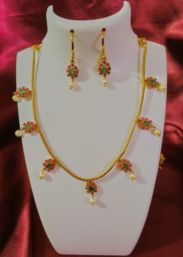 Gold Plated CZ AD Ruby Emerald Studded Rope Chain Necklace with Earrings