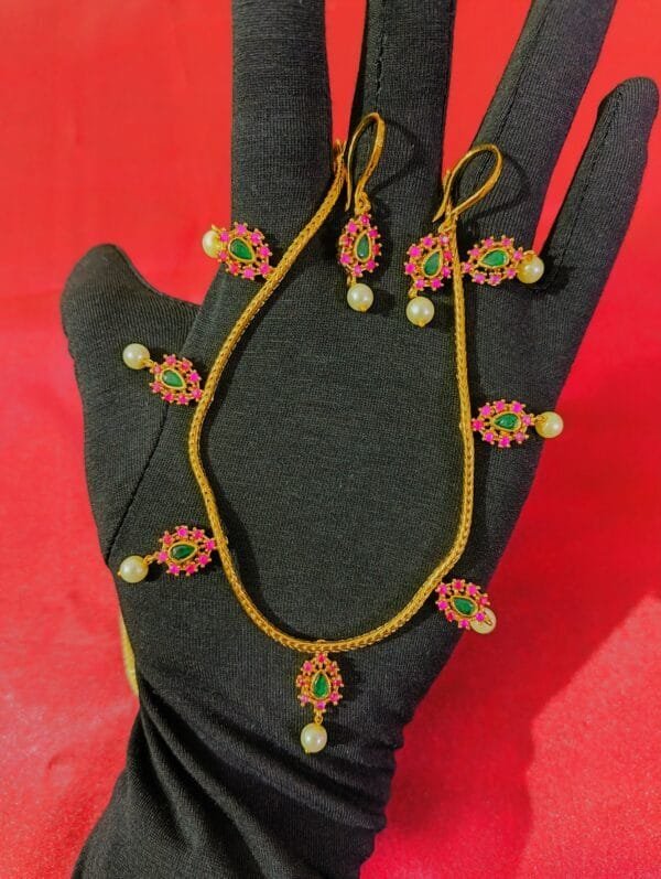 Gold Plated CZ AD Ruby Emerald Studded Rope Chain Necklace with Earrings