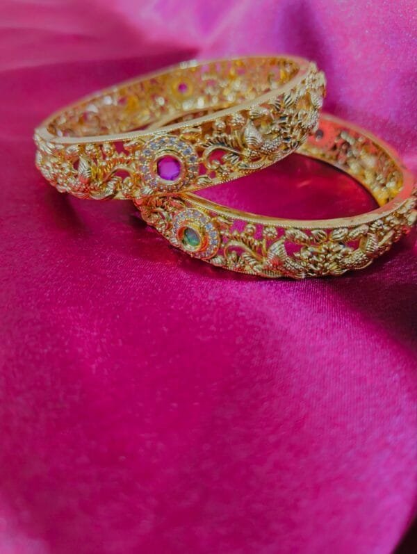 Gram Gold Plated CZ Ruby Emerald Studded Peacock Bangles