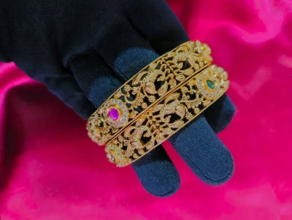 Gram Gold Plated CZ Ruby Emerald Studded Peacock Bangles