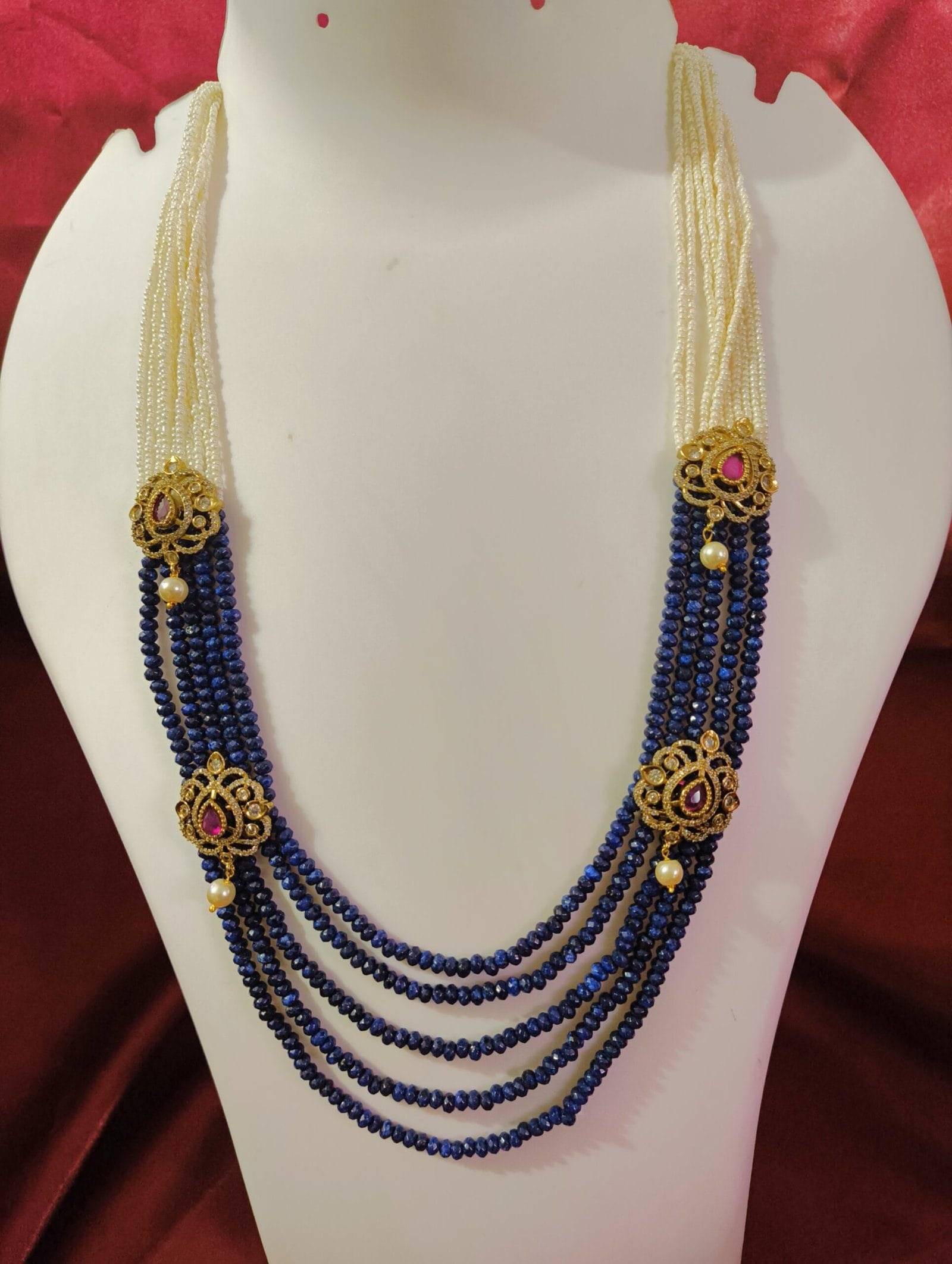 1 Gram Gold Plated CZ Ruby Studded Beaded Long Necklace Raani Haar