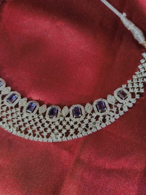 Rhodium Plated CZ AD Studded Purple Choker Necklace with Matching Earrings – Elegant Bridal & Partywear Jewelry Set