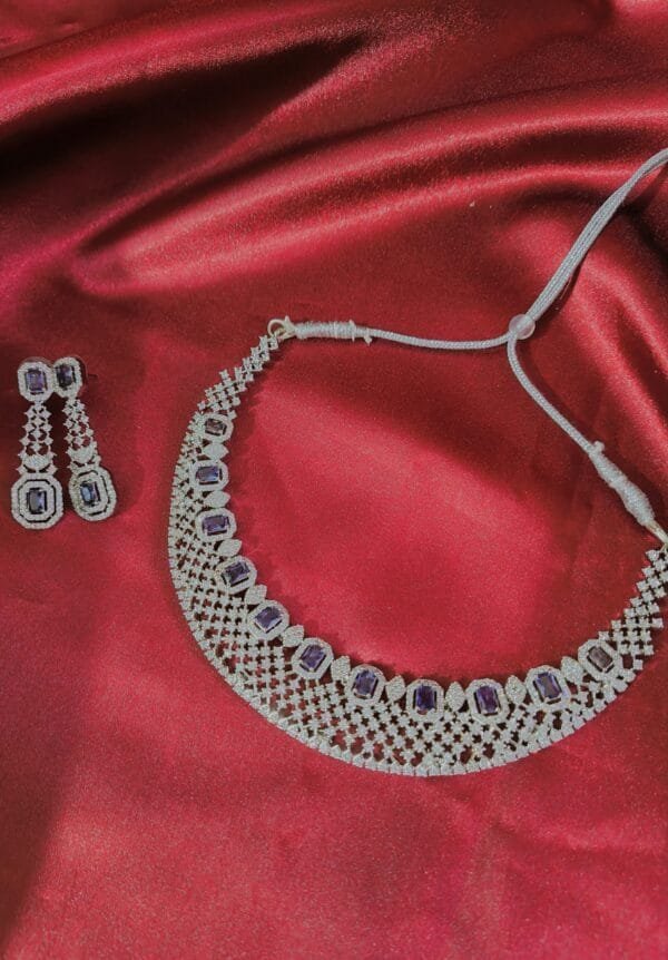 Rhodium Plated CZ AD Studded Purple Choker Necklace with Matching Earrings – Elegant Bridal & Partywear Jewelry Set
