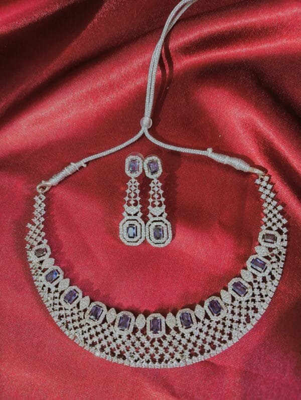 Rhodium Plated CZ AD Studded Purple Choker Necklace with Matching Earrings – Elegant Bridal & Partywear Jewelry Set