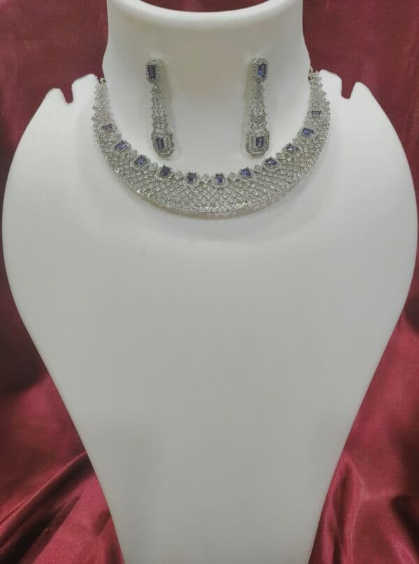 Rhodium Plated CZ AD Studded Purple Choker Necklace with Matching Earrings – Elegant Bridal & Partywear Jewelry Set