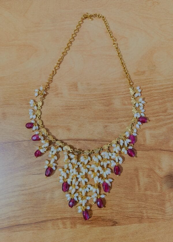 Gold Plated Handmade Necklace with Rice Pearls & Monalisa Beads – Traditional Designer Jewelry