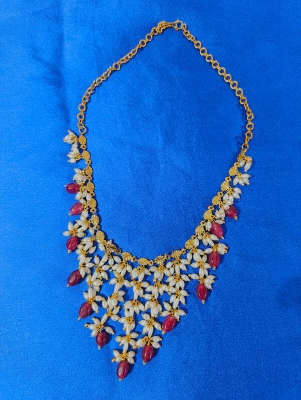 Gold Plated Handmade Necklace with Rice Pearls & Monalisa Beads – Traditional Designer Jewelry
