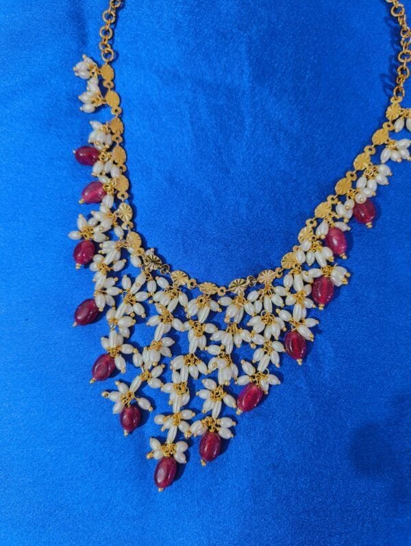 Gold Plated Handmade Necklace with Rice Pearls & Monalisa Beads – Traditional Designer Jewelry