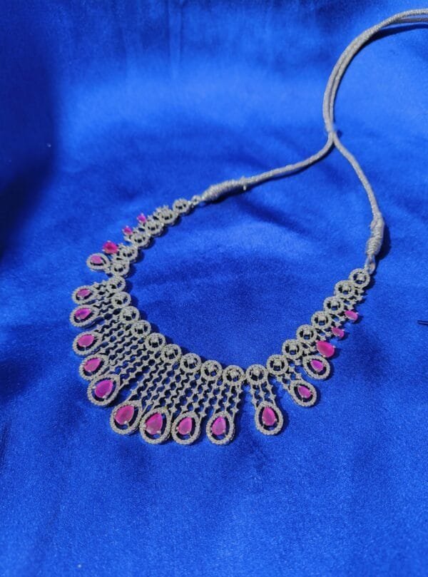 Rhodium Plated Ruby CZ Studded Choker Short Necklace With Earrings – Bridal & Party Wear Jewelry Set