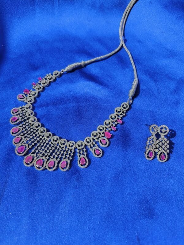 Rhodium Plated Ruby CZ Studded Choker Short Necklace With Earrings – Bridal & Party Wear Jewelry Set