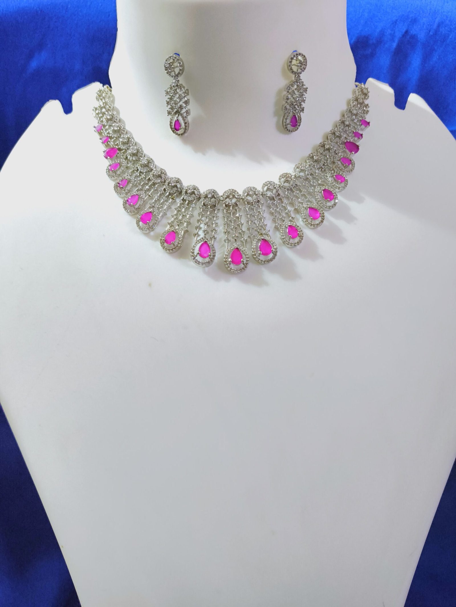 Rhodium Plated Ruby CZ Studded Choker Short Necklace With Earrings – Bridal & Party Wear Jewelry Set