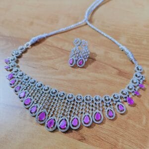 Rhodium Plated Ruby CZ Studded Choker Short Necklace With Earrings – Bridal & Party Wear Jewelry Set