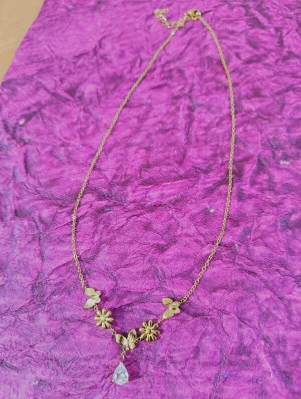 Gold Tone Anti Tarnish Floral Butterfly Chain Necklace