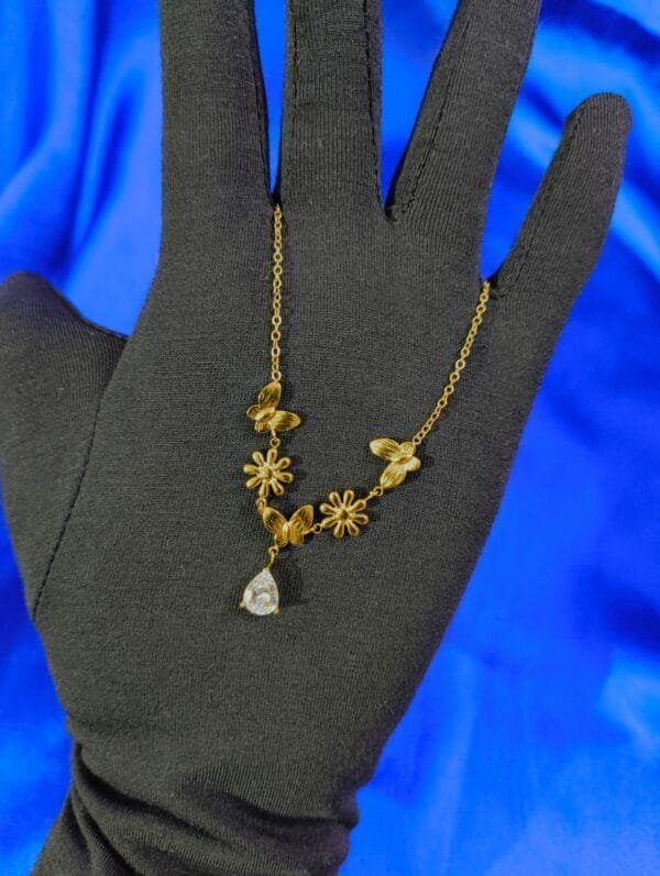 Gold Tone Anti Tarnish Floral Butterfly Chain Necklace