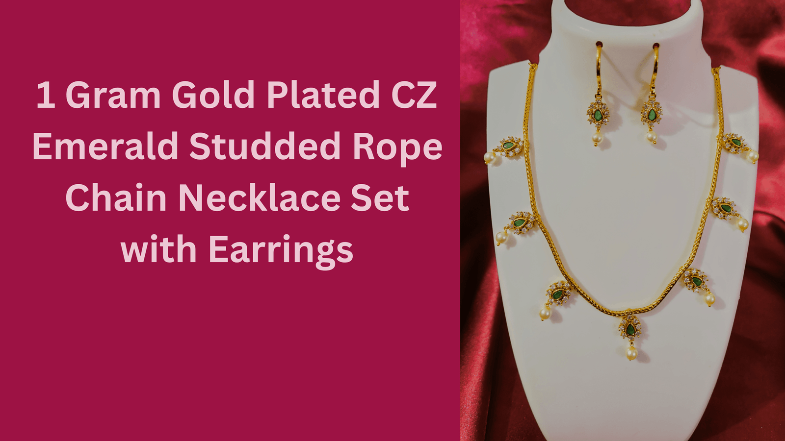1 Gram Gold Plated CZ Emerald Studded Rope Chain Necklace Set with Earrings