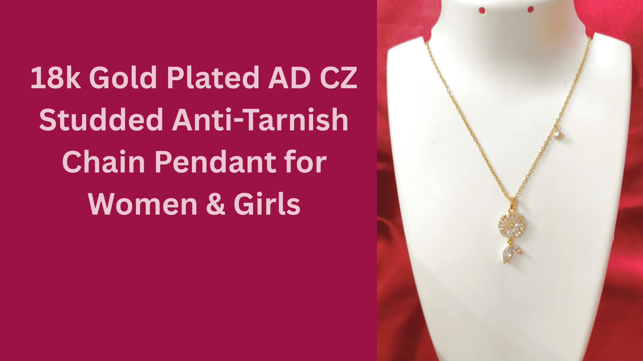 18k Gold Plated AD CZ Studded Anti-Tarnish Chain Pendant for Women & Girls