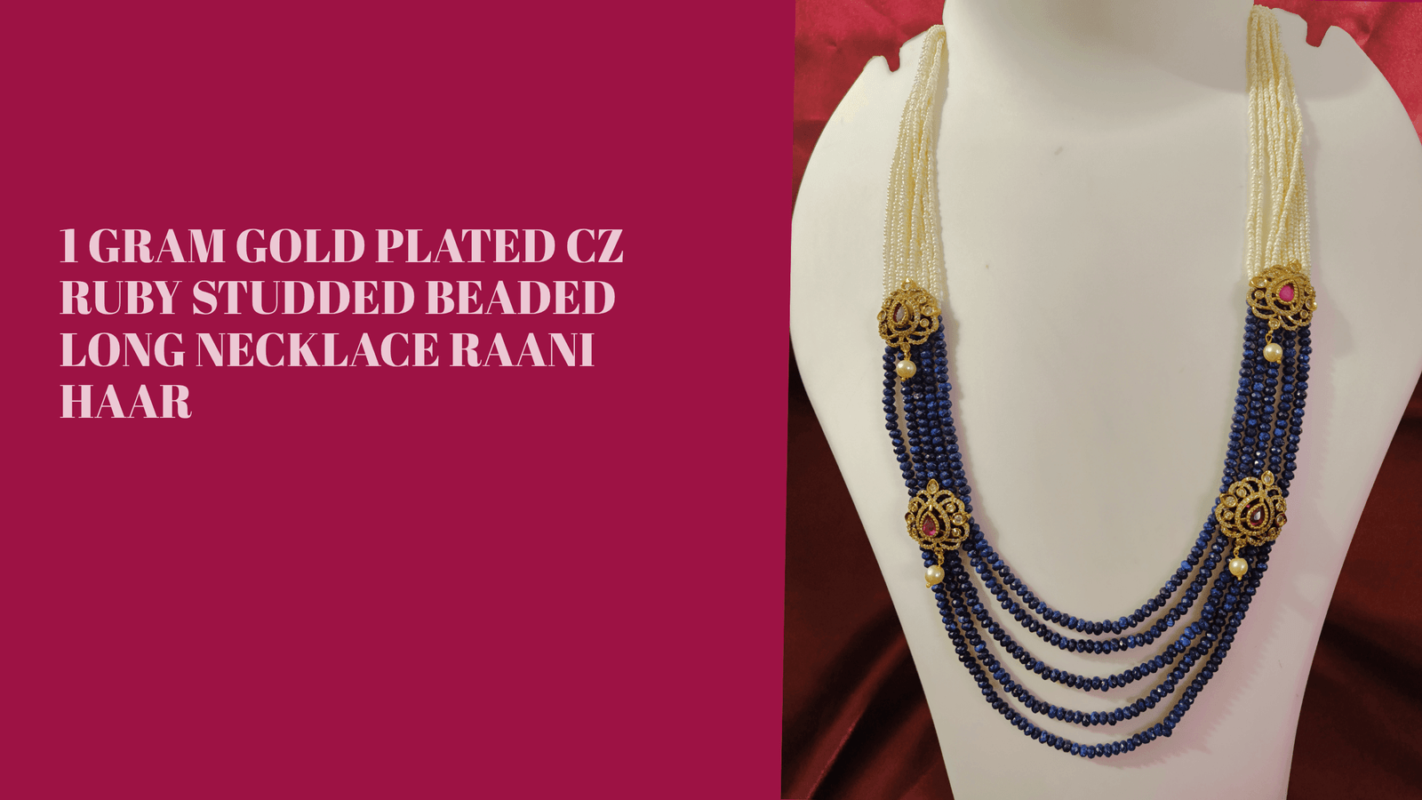 1 Gram Gold Plated CZ Ruby Studded Beaded Long Necklace Raani Haar