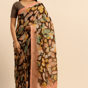 Elegant Cotton Jacquard Printed Floral Saree – Multi with Peach Border