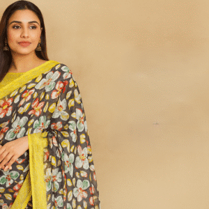 Elegant Cotton Jacard Printed Floral Saree – Yellow Multi