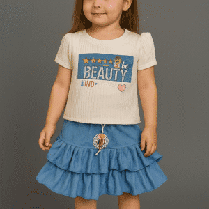 Stylish Baby Girl Skirt and T-Shirt Set – Ruffle Denim Skirt & Printed Top for Girls (3 to 6 Months)
