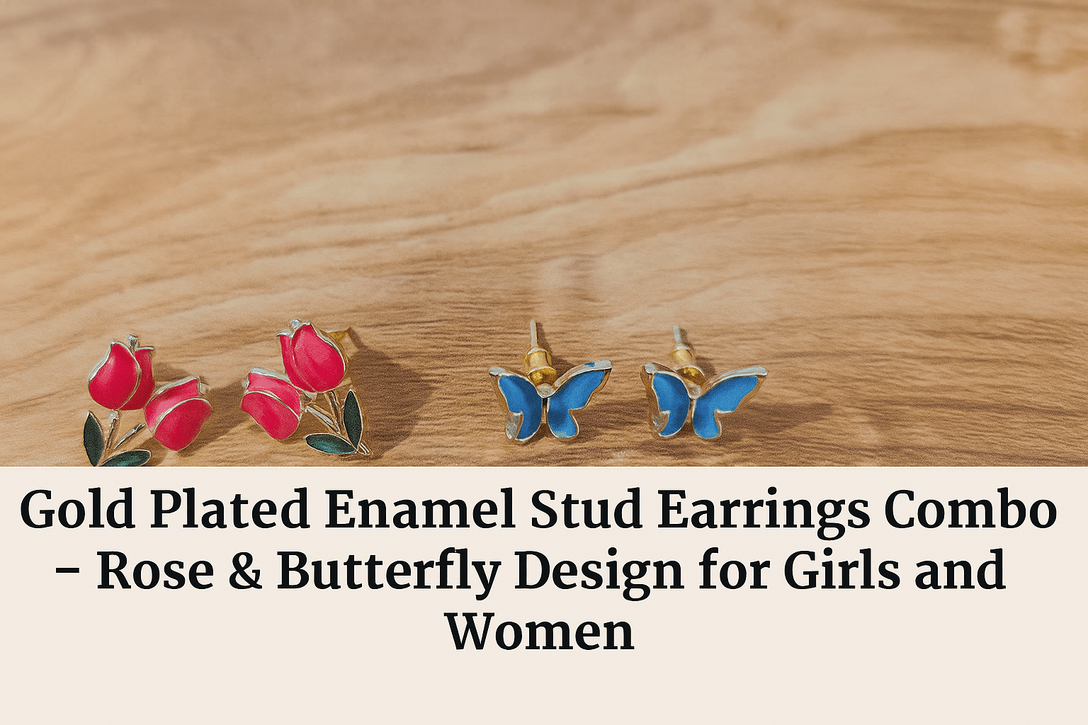 Gold Plated Enamel Stud Earrings Combo – Rose & Butterfly Design for Girls and Women