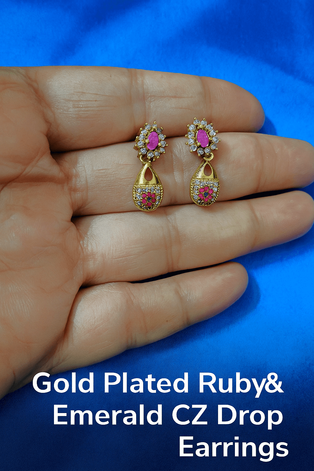 Gold Plated Ruby & Emerald CZ Drop Earrings