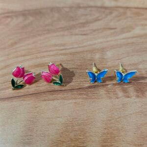 Gold Plated Enamel Stud Earrings Combo – Rose & Butterfly Design for Girls and Women