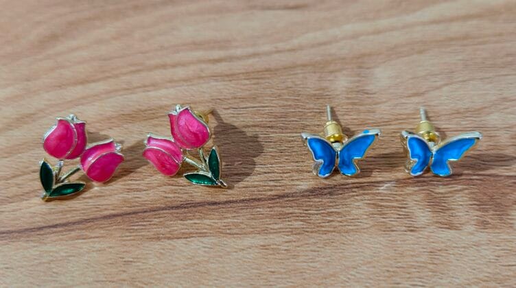 Gold Plated Enamel Stud Earrings Combo – Rose & Butterfly Design for Girls and Women