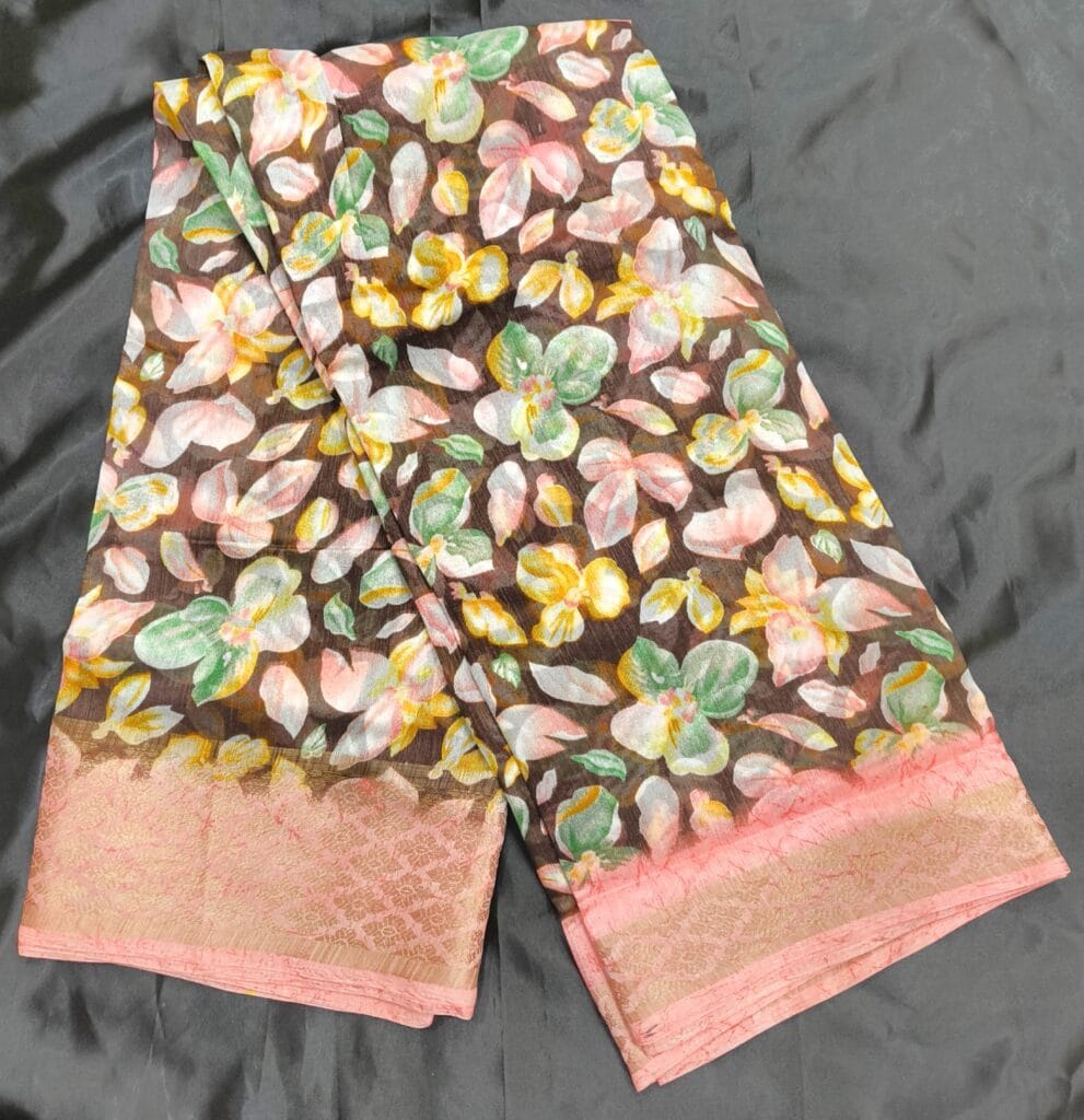 Elegant Cotton Jacquard Printed Floral Saree – Multi with Peach Border
