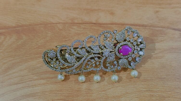 1 Gram Gold Plated Ruby CZ Studded Pearls Hair Clip