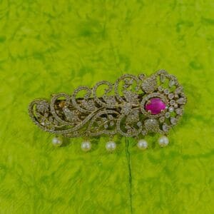 1 Gram Gold Plated Ruby CZ Studded Pearls Hair Clip